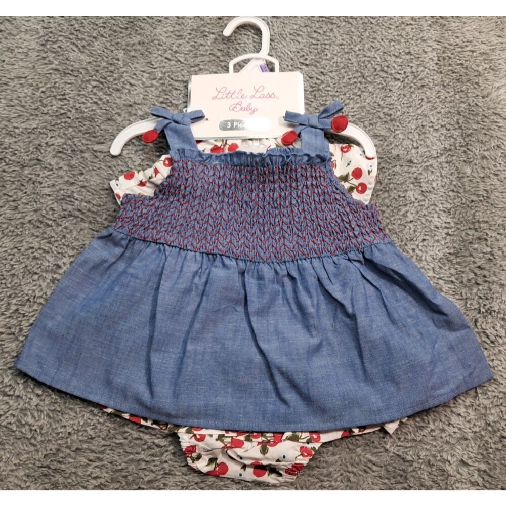 New Little Lass Baby Girls Sz 24 M 3 Piece Outfit Tank Top Shirt Hat Bloomers